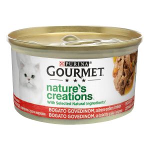 Gourmet Nature's Creations Beef - Пълноценна мокра храна за котки в зряла възраст - говеждо месо , гарнирано с грах и моркови, консерва 85 гр