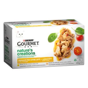 Gourmet Nature's Creations Chicken & Turkey - Пълноценна мокра храна за котки в зряла възраст - пилешко, гарнирано със спанак и домати и пуешко, гарнирано със спанак и пащърнак, консерви 4 х 85 гр