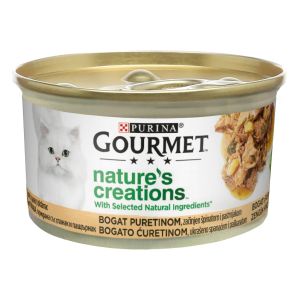 Gourmet Nature's Creations Turkey - Пълноценна мокра храна за котки в зряла възраст - пуешко, гарнирано със спанак и пащърнак, консерва 85 гр