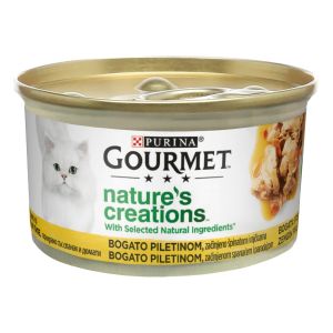 Gourmet Nature's Creations Chicken - Пълноценна мокра храна за котки в зряла възраст - пилешко, гарнирано със спанак и домати, консерва 85 гр