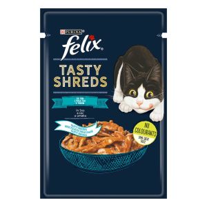 FELIX Tasty Shreds  - пълноценна мокра храна  за котки с риба тон в сос, 80 g