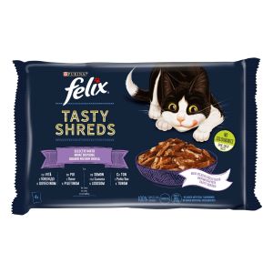 FELIX Tasty Shreds  - пълноценна мокра храна  за котки, селекция от вкусове, 4х80 g