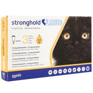 Stronghold Plus - котки до 2.5 кг - лечение на смесено опаразитяване с кърлежи и други вътрешни и външни паразити - кутия (3 пипети)
