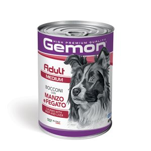 GEMON Adult Medium Chunks with Beef & Liver 415 g - Пълноценна мокра храна за кучета в зряла възраст от средните породи, консерва хапки с телешко и черен дроб 415 гр