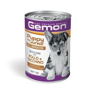 GEMON Puppy & Junior All Breeds Chunks with Chicken & Turkey 415 g - Пълноценна мокра храна за подрастващи кученца от всички породи, консерва хапки с пилешко и пуешко 415 гр