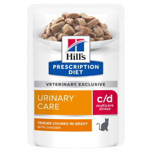 Hill's PRESCRIPTION DIET c/d Urinary Stress Chicken Pouch - лечебна мокра храна за котки с уринарни проблеми, идиопатичен цистит – пауч с пилешко - 12бр. х 85 гр.