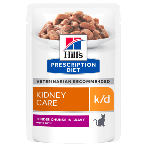 Hill's PRESCRIPTION DIET k/d Kidney Care pouch - лечебна мокра храна за котки с бъбречна недостатъчност, пауч с телешко - кутия 12бр. x  85 гр.