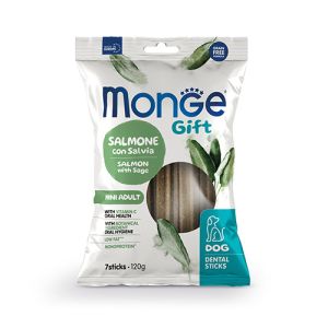 Monge Gift Dog Dental Sticks Mini Adult - екструдирани дентални стикове за кучета от мини породи със сьомга и салвия, монопротеинови.