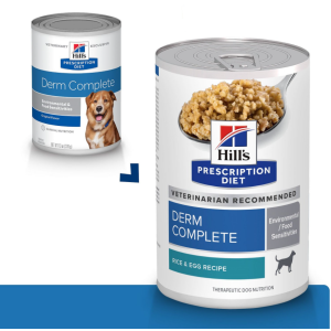 Hill's PRESCRIPTION DIET Derm Complete - лечебна мокра храна за кучета с хранителни алергии и алергии от околната среда, с ориз и яйца, консерва - 370 г.