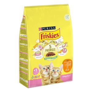 Friskies Junior - Пълноценна храна за малки котета и бременни или кърмещи котки, вкусен микс от Пиле и Пуйка с Мляко и със Зеленчуци - 10кг