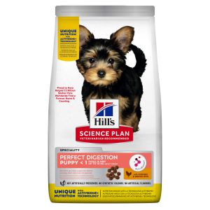Hill's Science Plan Perfect Digestion Small&Mini Puppy -  суха храна за кученца с пилешко и кафяв ориз от мини породи до 1, за здрав чревен микробиом 