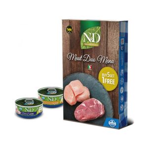 N&D Natural MEAT DUO MENU 5+1 free – мокра допълваща храна за котки в зряла възраст, два вкуса - с пилешко и с агнешко, консерва - 6х70 гр, 5+1 ПОДАРЪК