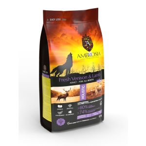 Ambrosia All Breed Adult Dog Fresh Venison & Lamb Ulta premium - холистична, хипоалергенна, беззърнена храна за кучета от всички породи, с еленско и агнешко, 12 кг