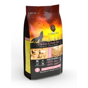 Ambrosia Puppy All Breed Chicken & Fresh Fish Ulta premium - холистична, хипоалергенна, беззърнена храна за кученца от всички породи, с пилешко и риба, 6 кг