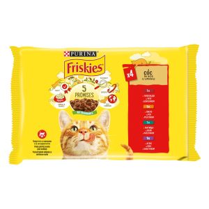 Friskies Adult Multipack - Пълноценна мокра храна за котки в зряла възраст - паучове с 4 разлчини вкуса - с говеждо, с пиле, с патица и с агне, 4бр x 85гр