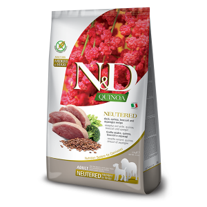 N&D Quinoa NEUTERD Dog Adult Medium & Maxi with Duck, Broccoli & Aspragus – суха храна без зърнени култури за кастрирани кучета от средни и едри породи над 1 година, с патешко, броколи и аспержи - 12 кг
