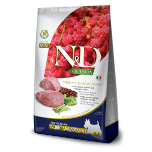 N&D Quinoa Weight Management Lamb Mini Dog - суха храна за кучета над 1г. от дребни породи с агнешко, киноа, броколи и аспержи. - 800гр.