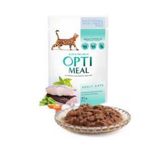 Opti Meal Pouch Adult With Cod Fish And Veggies In Jelly - пълноценна мокра храна за възрастни котки с треска и зеленчуци в желе