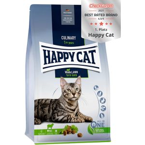 Happy Cat Culinary Adult Pasture-raised Lamm - суха храна за чувствителни котки с агнешко, грах, картофи, яйца, ориз, контрол на образуване на космените топки