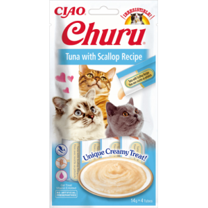Inaba Churu Puree Tuna with Scallop Recipe - Лакомство за котки нежен крем с риба тон и миди 4 броя в пакет