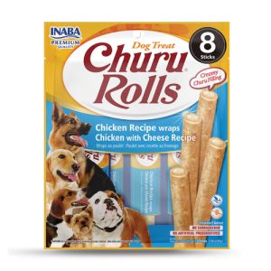 Inaba Churu Rolls Chicken with Cheese - Лакомство за кучета - меки пръчици с кремообразен пълнеж от пиле и сирене, 8 х 12 гр