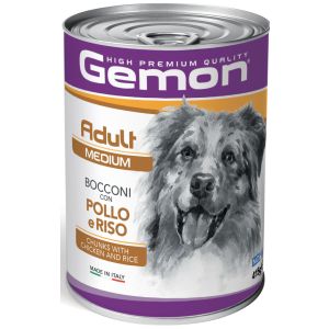 Gemon Adult Chicken&Rice - Пълноценна мокра храна за кучета в зряла възраст, хапки с пилешко и ориз, консерва 415 гр