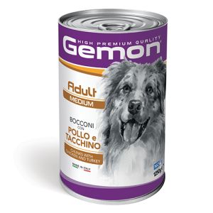 GEMON Adult Dog Chunks with Chicken & Turkey 1,25 kg - Пълноценна мокра храна за кучета в зряла възраст от средните породи, консерва хапки с пилешко и пуешко 1.25 кг