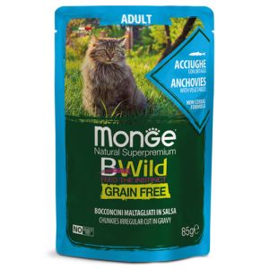 MONGE BWILD GRAINFREE Adult Anchovy with vegetables – хапки за котки в зряла възраст с аншоа и зеленчуци - пауч 85 гр
