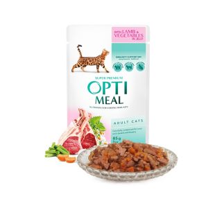Opti Meal Pouch Adult Cat With Lamb and Veggies in Jelly - пълноценна мокра храна за възрастни котки с телешко и зеленчуци