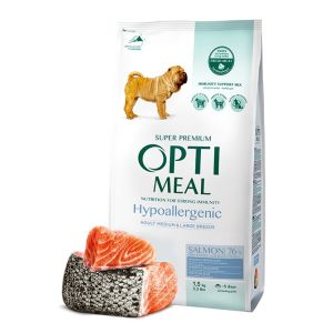 Opti Meal Adult Medium And Maxi Hypoallergenic With Salmon - Хипоалергенна пълноценна суха храна за възрастни кучета от средна и едри порода – сьомга - различни разфасовки