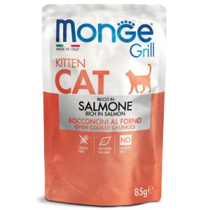 Monge Grill Kitten със сьомга – Пауч хапки в желе със сьомга за подрастващи котенца - 85 гр