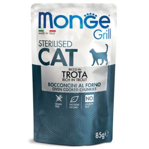 Monge Grill Sterilised с пъстърва – Пауч хапки в желе с пъстърва за кастрирани котки - 85 гр