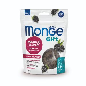 Monge Gift Super M Puppy & Junior – лакомства за подрастващи кученца със свинско и къпини, без зърнени култури