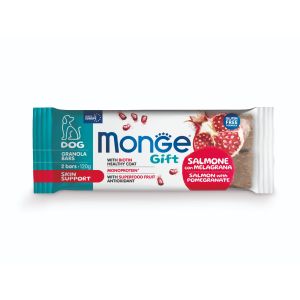 Monge Gift Granola Bars Skin Support – лакомства за кучета - монопротеинови барчета със сьомга и нар за здрави кожа и козина, безглутенови.