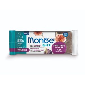 Monge Gift Fruit Bars Training – лакомства за кучета – моно протеинови барчета с патешко и смокини за тренировки, без зърнени култури