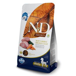 N&D Spirulina BROWN Dog Lamb & Carrot Adult MINI – суха храна без зърнени култури за кучета с кафява козина от мини породи над 1 година, с агнешко, спирулина и морков - 2 кг