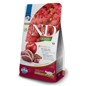 N&D Quinoa Hairball with Duck & Cranberry Adult Cat 1.5kg– суха храна без зърнени култури против космени топки, за котки над 1 година, с патешко, киноа, ябълка и червени боровинки
