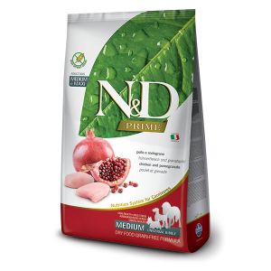 N&D Prime Chicken & Pomegranate Adult Medium & Maxi – суха храна без зърнени култури за кучета над 1 година от средни и едри породи с пилешко и нар 2,5 кг