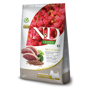 N&D Quinoa NEUTERD Dog Adult MINI with Duck, Broccoli & Aspragus 800 g – суха храна без зърнени култури за кастрирани кучета от мини породи над 1 година, с патешко, броколи и аспержи  800 гр