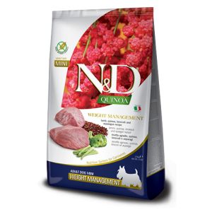 N&D Quinoa Weight Management with Lamb Adult MINI – суха храна за поддържане на идеално телесно тегло, без зърнени култури за кучета над 1 година от дребни породи, с агнешко, киноа, броколи и аспержи - 7 кг