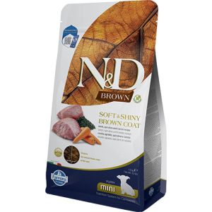 N&D Brown Dog Lamb, Spirulina & Carrot Puppy MINI – суха храна без зърнени култури за подрастващи кученца с кафява козина от мини породи, с агнешко, спирулина и морков - 1,5 кг