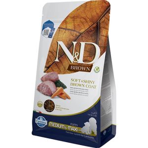 N&D Brown Dog Lamb, Spirulina & Carrot Puppy Medium & Maxi – суха храна без зърнени култури за подрастващи кученца с кафява козина от средни и едри породи, с агнешко, спирулина и морков - 2 кг