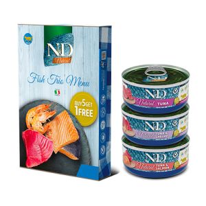 N&D Natural FISH TRIO MENU 5+1 free – мокра допълваща храна за котки в зряла възраст, три вкуса - с риба тон, с риба тон и сьомга, с риба тон и скариди, консерва - 6х70 гр, 5+1 ПОДАРЪК