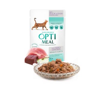 Opti Meal Pouch Adult Cat Hairball Control With Duck And Slices of Liver - пълноценна мокра храна за възрастни котки с патешко и парченца черен дроб
