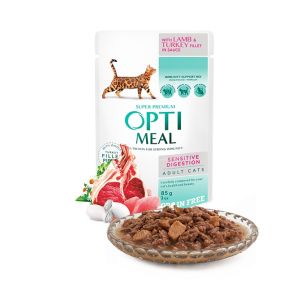 Opti Meal Pouch Adult Cat Grain Free Sensitive Digestion With Lamb And Turkey - пълноценна мокра храна за възрастни котки с пуешко филе в сос - 0.85гр.