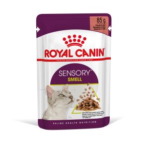 PROMO Royal Canin Sensory Smell in Gravy - пълноценна мокра храна със сос в пауч за котки в зряла възраст над 1 година - 4 КУТИИ (4 х 12 броя x 85 гр) + ПОДАРЪК суха храна за капризни котки Exigent Savour 2 кг 