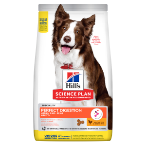 Hill’s Science Plan PERFECT DIGESTION  Medium  Adult Dog 1+  Пълноценна суха храна за отлично храносмилане за кучета над 1 година от средни породи (11-25 кг) с пилешко и кафяв ориз -  2,5 кг