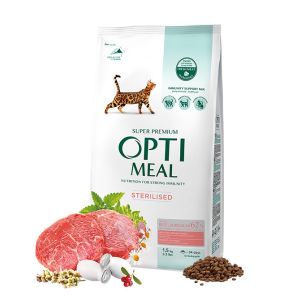 Opti Meal Cat Adult Sterilized With Beef And Sorghum - Пълноценен суха храна за стерилизирани и кастрирани котки - с високо съдържание на говеждо месо и черно просо