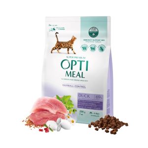 Opti Meal Cat Adult Hairball with Duck - Пълноценна суха храна за възрастни котки за премахване на космени топки от стомаха – патица